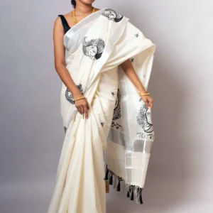 Kerala Cotton Embroidered Kasavu Sarees With Blouse Piece