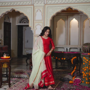 Crimson Red Chanderi With Green Dupatta